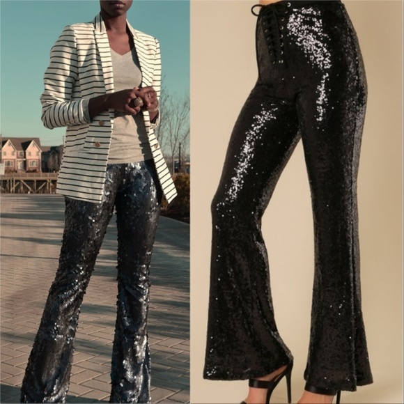 MODA ME COUTURE Pants - Black Sequin Pants